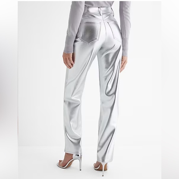 Express Silver High Waisted Metallic Faux Leather Modern Straight Pant NEW - Picture 3 of 7